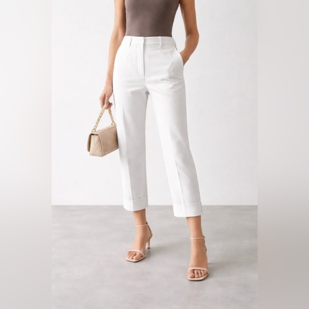 Miu Miu Cropped Cuffed Trouser Pants IT 38 White Cotton Tailored US 2, XS